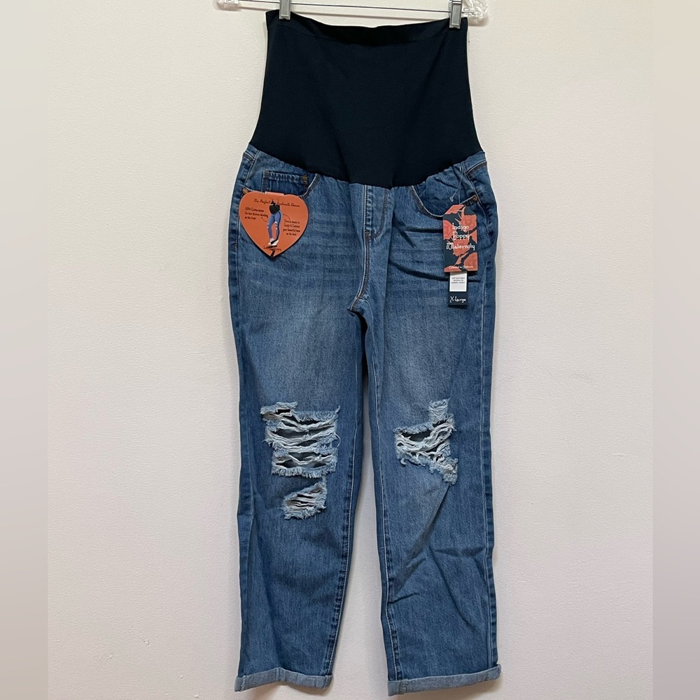 Indigo Poppy  Distressed Skinny Jean with Over Belly